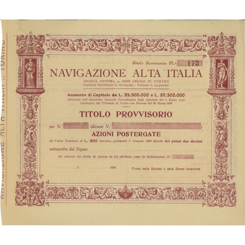 NAVIGAZIONE ALTA ITALIA - AZIONI - TORINO 1926