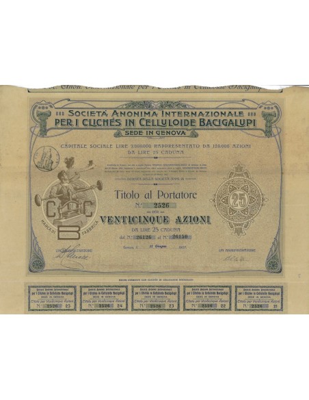 SOC. ANON. INT. CLICHES CELLULOIDE BACIGALUPI - 25 AZIONI GENOVA 1907