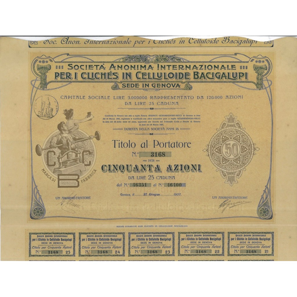SOC. ANON. INT. CLICHES CELLULOIDE BACIGALUPI - 50 AZIONI GENOVA 1907