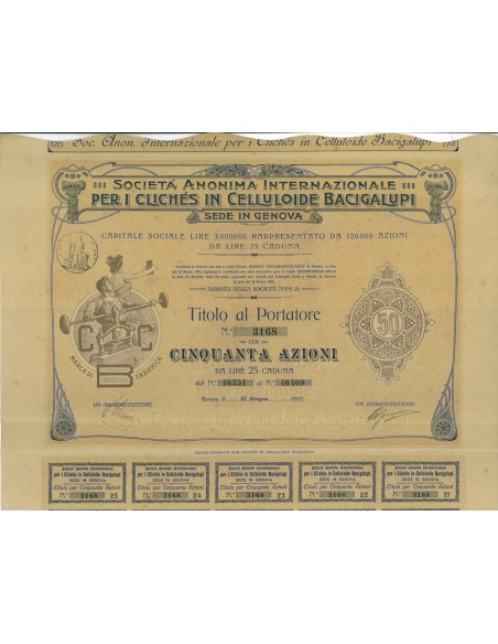 SOC. ANON. INT. CLICHES CELLULOIDE BACIGALUPI - 50 AZIONI GENOVA 1907