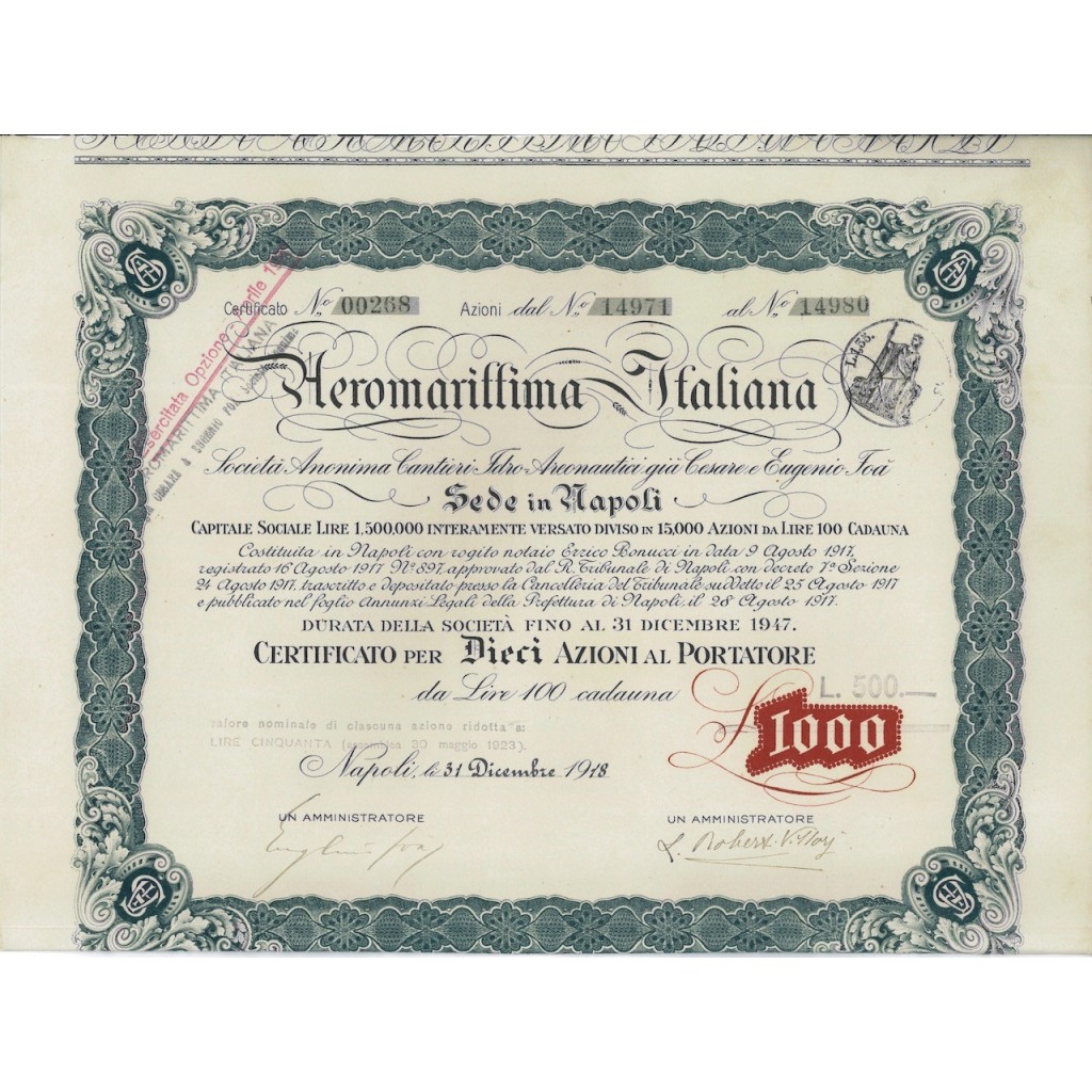 AEROMARITTIMA ITALIANA - 10 AZIONI NAPOLI 1918