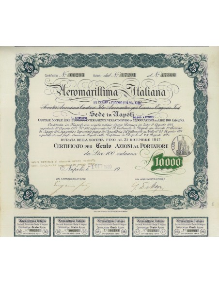 AEROMARITTIMA ITALIANA - 100 AZIONI NAPOLI 1920