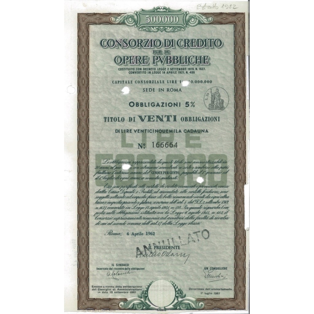 CONSORZIO DI CREDITO OPERE PUBBLICHE 20 OBB. ROMA 1962