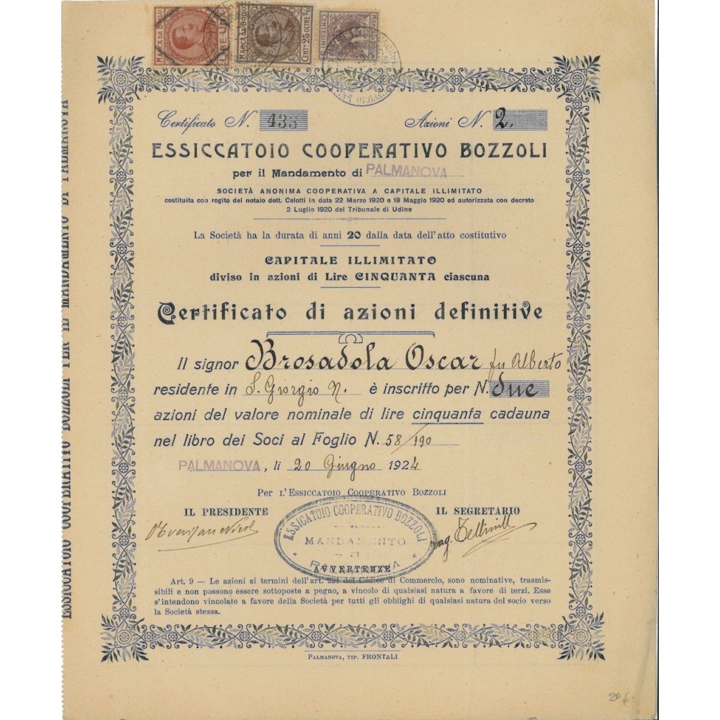 ESSICCATOIO COOP BOZZOLI - 2 AZIONI - PALMANOVA 1924