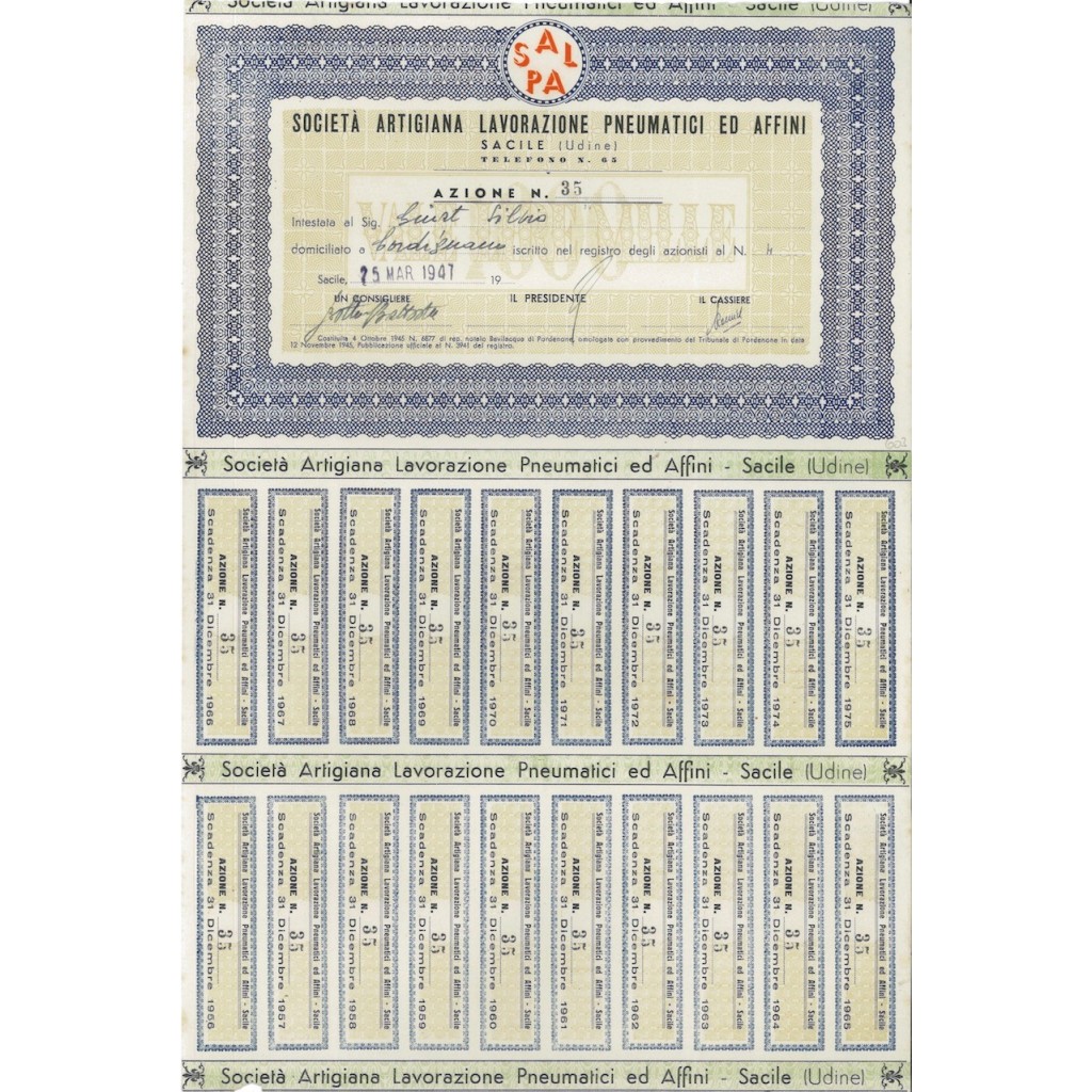 SOC. ART. LAVORAZIONE PNEUMATICI ED AFFINI - 1 AZIONE SACILE 1947