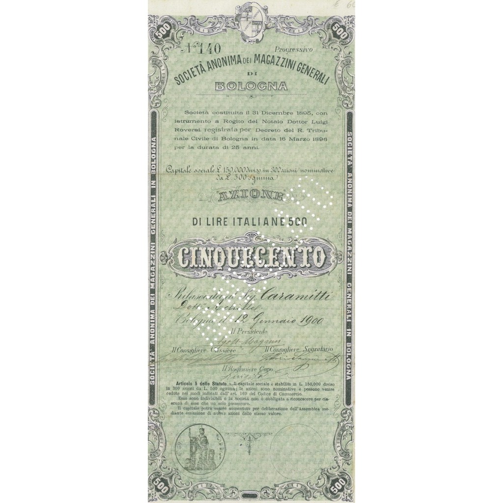 SOC. ANON. DEI MAGAZZINI GENERALI DI BOLOGNA 1 AZIONE BOLOGNA 1900