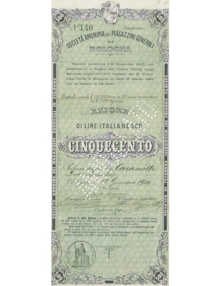 SOC. ANON. DEI MAGAZZINI GENERALI DI BOLOGNA 1 AZIONE BOLOGNA 1900