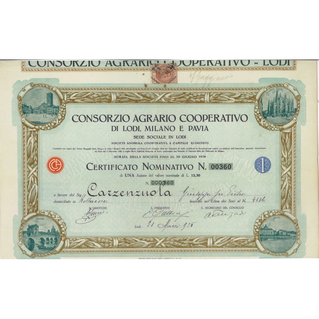 CONSORZIO AGRARIO COOP. LODI MILANO PAVIA - 1 AZIONE LODI 1925