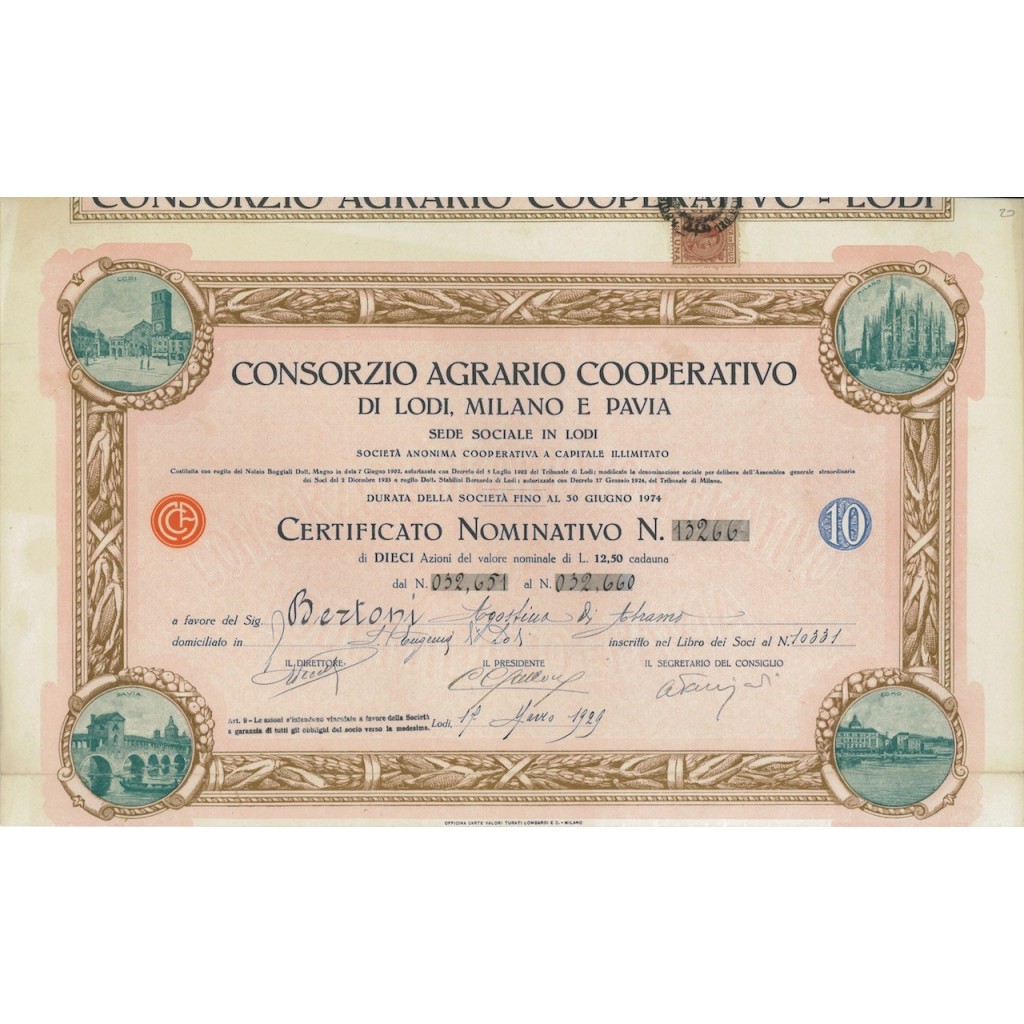 CONSORZIO AGRARIO COOP. LODI MILANO PAVIA - 10 AZIONI LODI 1929