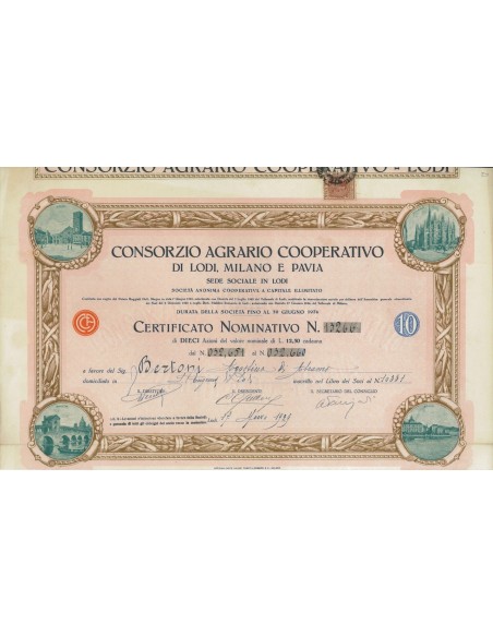 CONSORZIO AGRARIO COOP. LODI MILANO PAVIA - 10 AZIONI LODI 1929