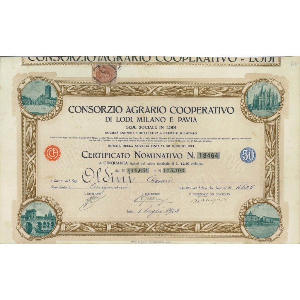 CONSORZIO AGRARIO COOP. LODI MILANO PAVIA - 50 AZIONI LODI 1924