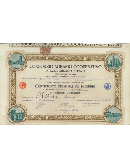 CONSORZIO AGRARIO COOP. LODI MILANO PAVIA - 50 AZIONI LODI 1924