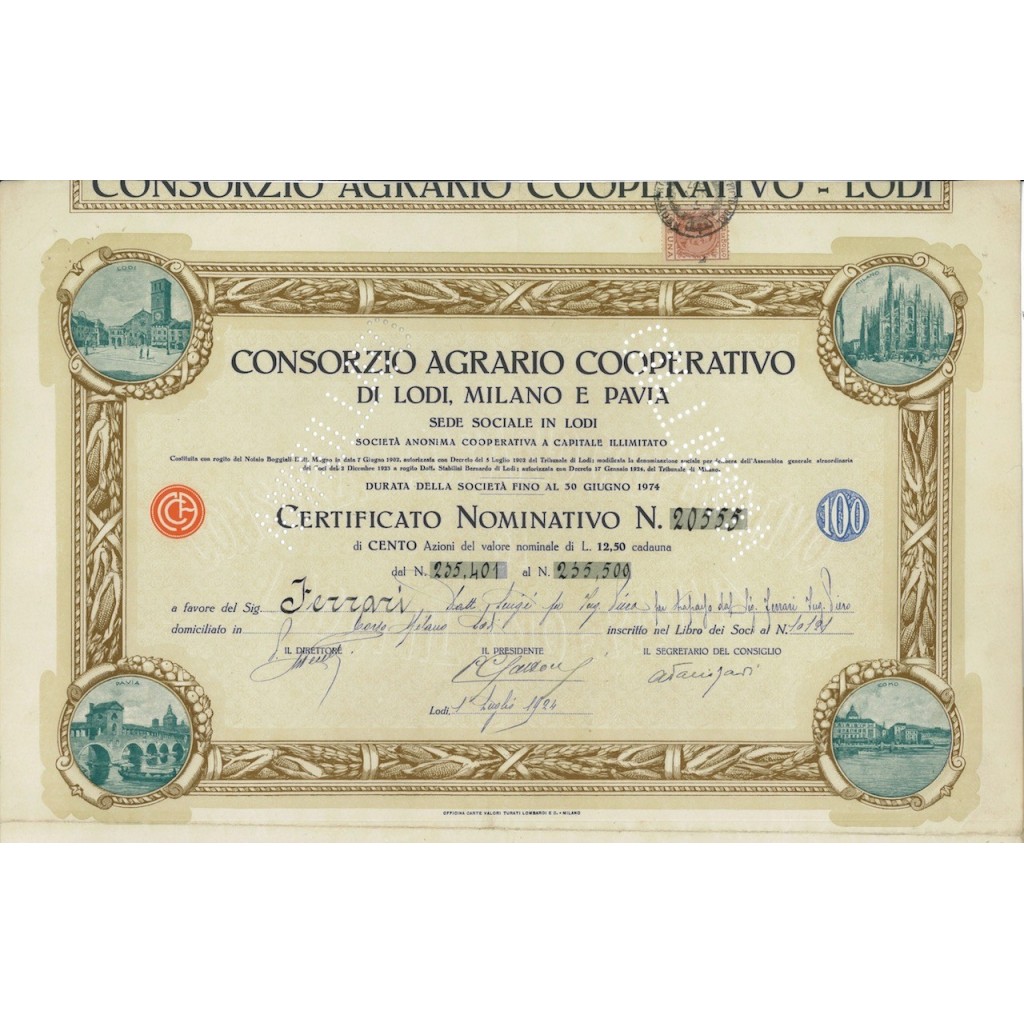 CONSORZIO AGRARIO COOP. LODI MILANO PAVIA - 100 AZIONI LODI 1924
