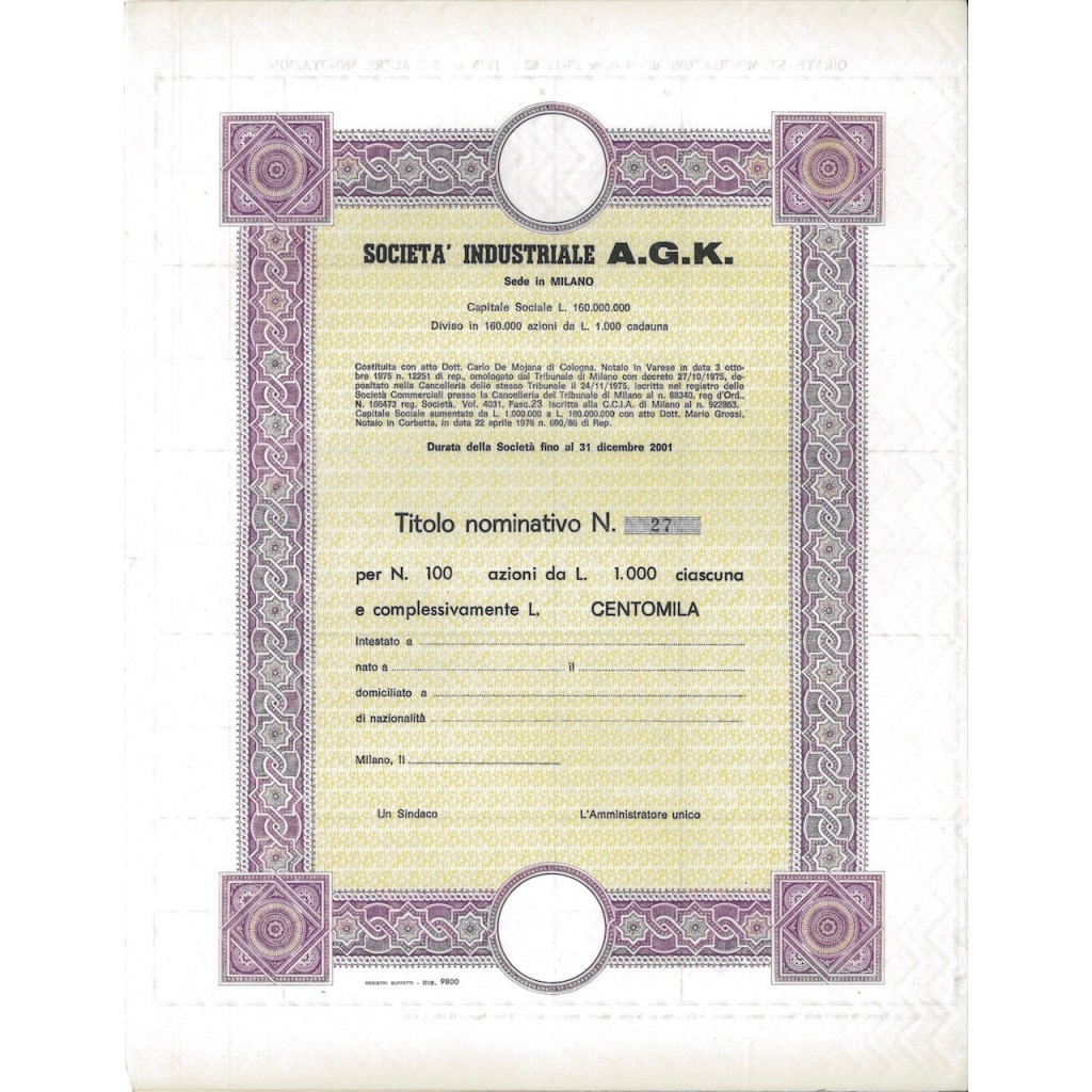 SOC. INDUSTRIALE A.G..K. - 100 AZIONI - MILANO 1975
