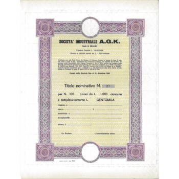 SOC. INDUSTRIALE A.G..K. - 100 AZIONI - MILANO 1975