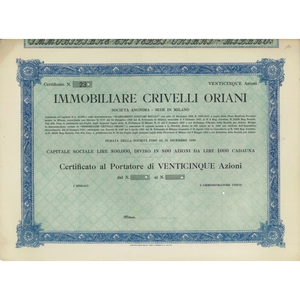 IMMOBILIARE CRIVELLI ORIANI - 25 AZIONI - MILANO 1926