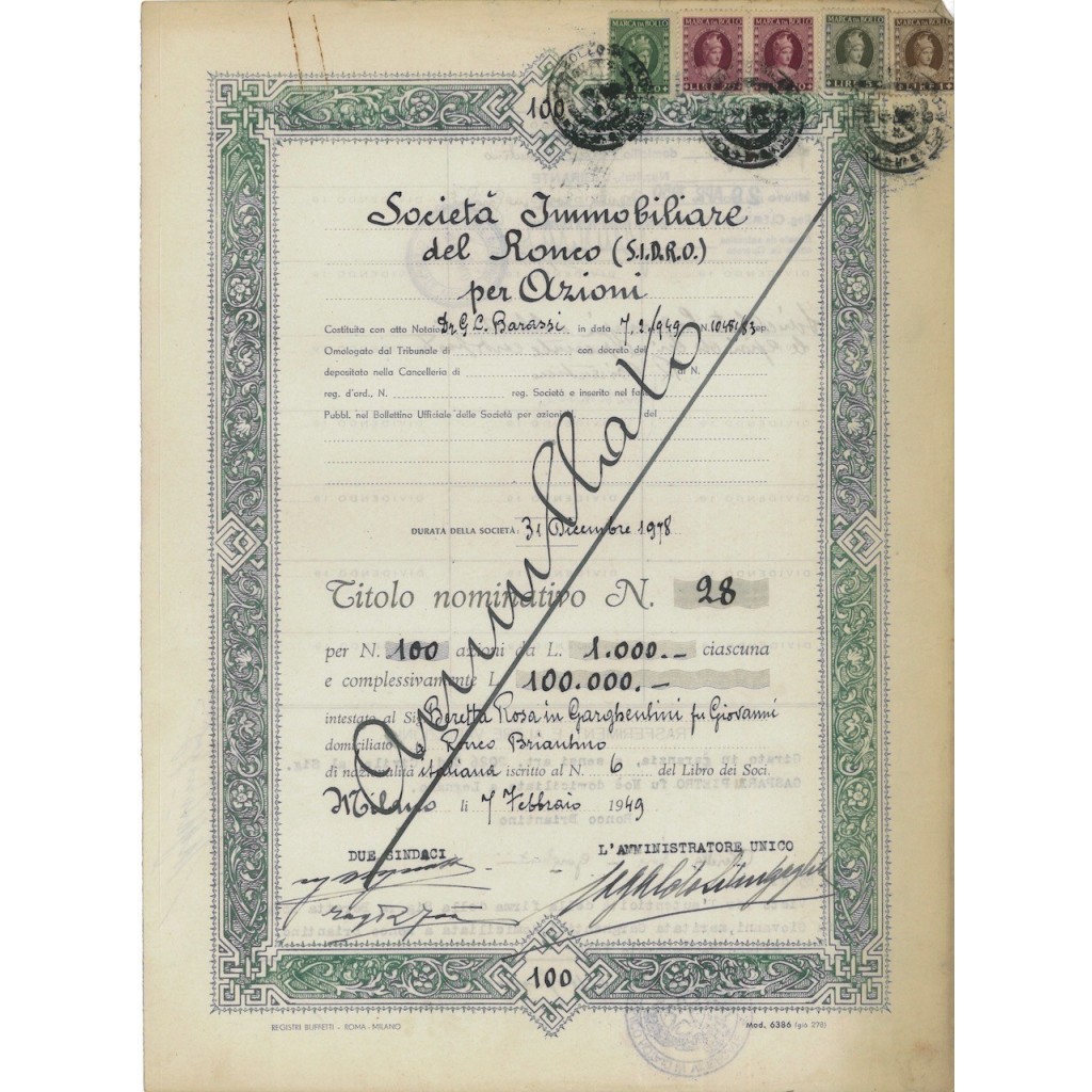 SOCIETA IMMOBILIARE DEL RONCO S.I.D.R.O. - 100 AZIONI MILANO 1949