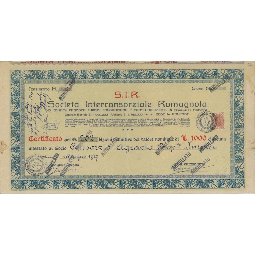 S.I.R. SOC. INTERCONSORZIALE ROMAGNOLA 202 AZIONI - RAVENNA 1927