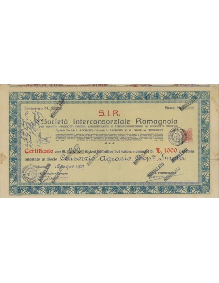 S.I.R. SOC. INTERCONSORZIALE ROMAGNOLA 202 AZIONI - RAVENNA 1927