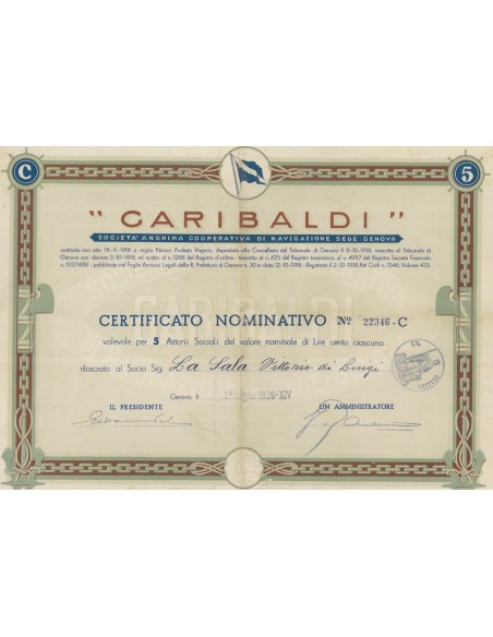 GARIBALDI SOC. ANON. COOP. DI NAVIGAZIONE 5 AZIONI GENOVA 1936