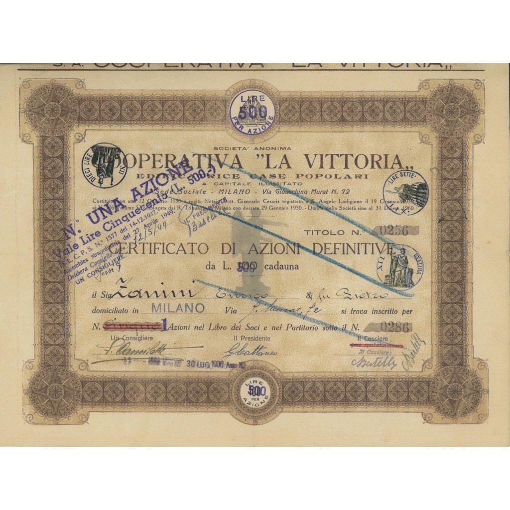 COOP. LA VITTORIA - AZIONI MILANO 1936