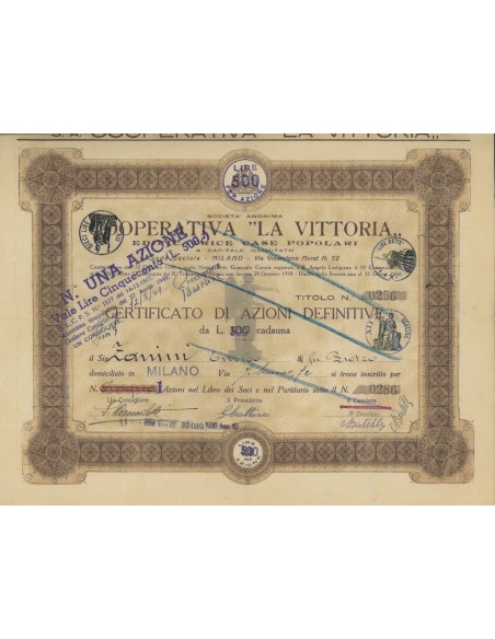 COOP. LA VITTORIA - AZIONI MILANO 1936