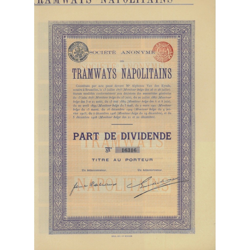 SOC. ANON. TRAMWAYS NAPOLITANS - 1 AZIONE - BRUXELLES 1875