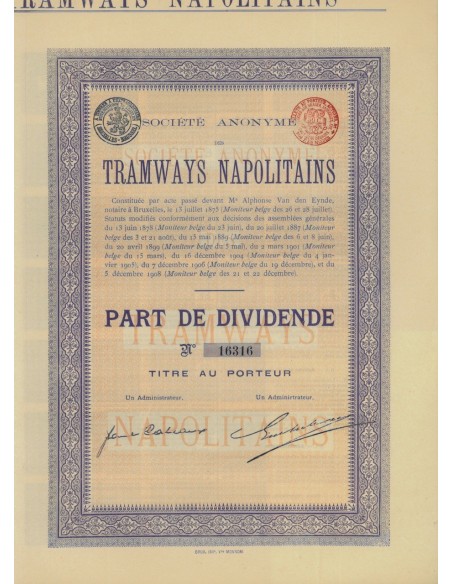 SOC. ANON. TRAMWAYS NAPOLITANS - 1 AZIONE - BRUXELLES 1875