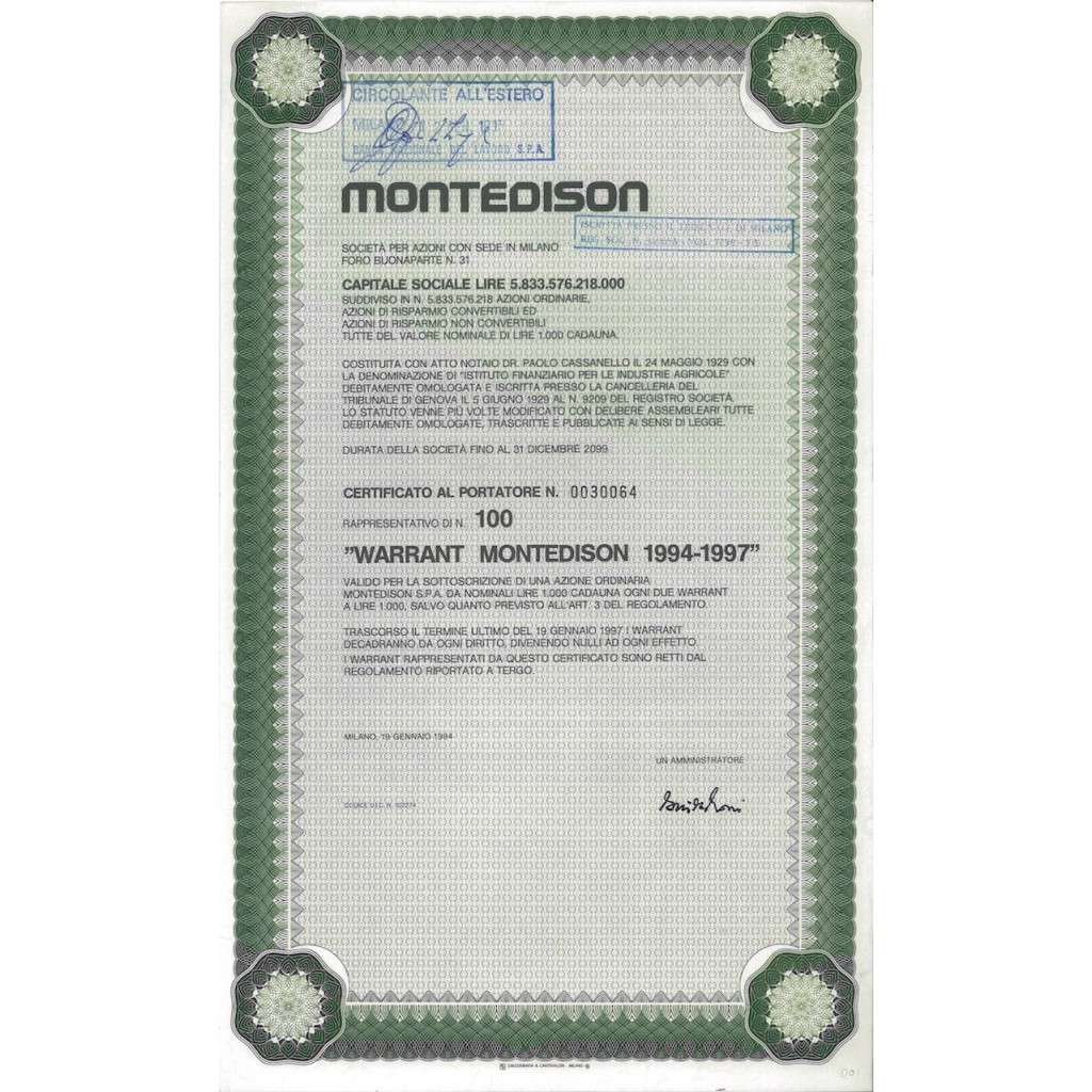 MONTEDISON - 100 WARRANT MILANO 1994