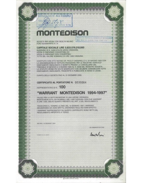MONTEDISON - 100 WARRANT MILANO 1994