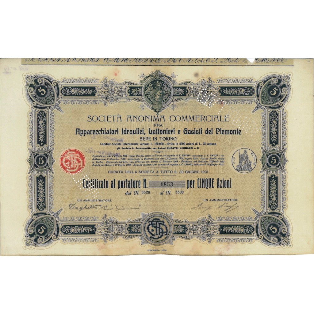SOC.ANON. APPARECCHI IDRAULICI ...5 AZIONI TORINO 1906