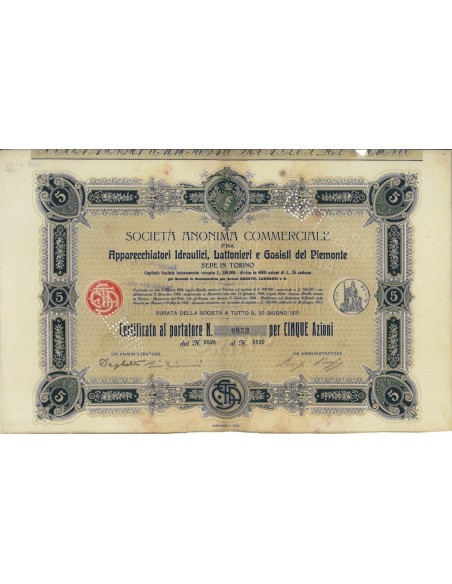 SOC.ANON. APPARECCHI IDRAULICI ...5 AZIONI TORINO 1906