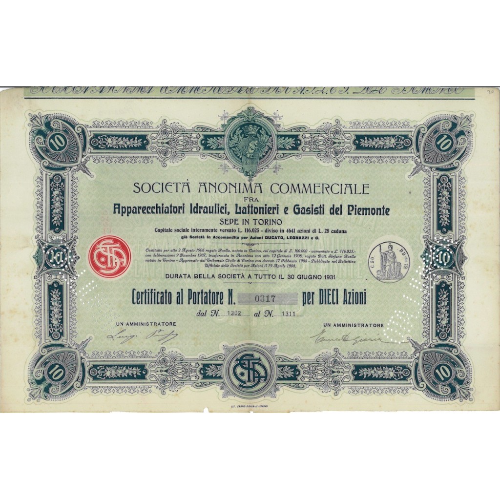 SOC.ANON. APPARECCHI IDRAULICI ...10 AZIONI TORINO 1906