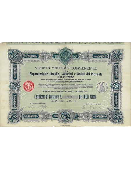 SOC.ANON. APPARECCHI IDRAULICI ...10 AZIONI TORINO 1906