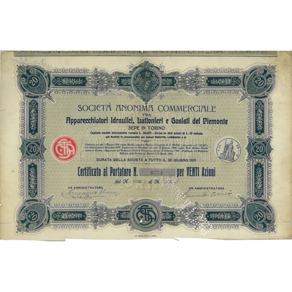 SOC.ANON. APPARECCHI IDRAULICI ...20 AZIONI TORINO 1906