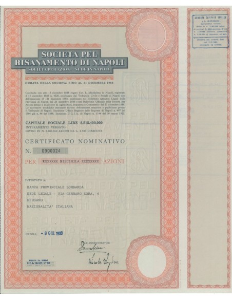 SOCIETÀ PEL RISANAMENTO DI NAPOLI AZIONI NAPOLI 1989