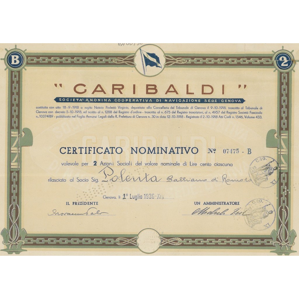 GARIBALDI SOC. ANON. COOP. DI NAVIGAZIONE 2 AZIONI GENOVA 1936