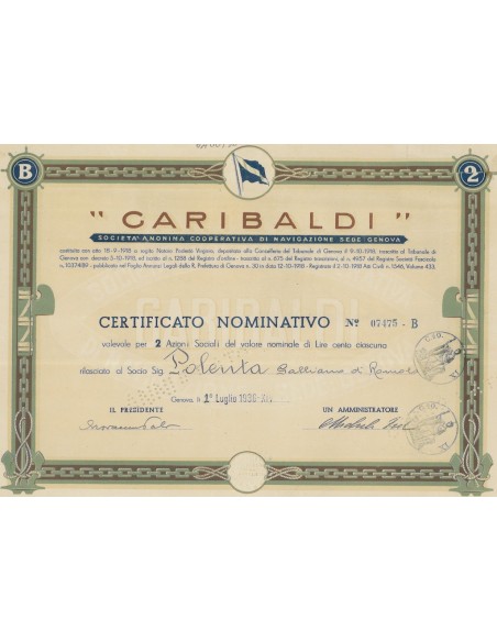 GARIBALDI SOC. ANON. COOP. DI NAVIGAZIONE 2 AZIONI GENOVA 1936
