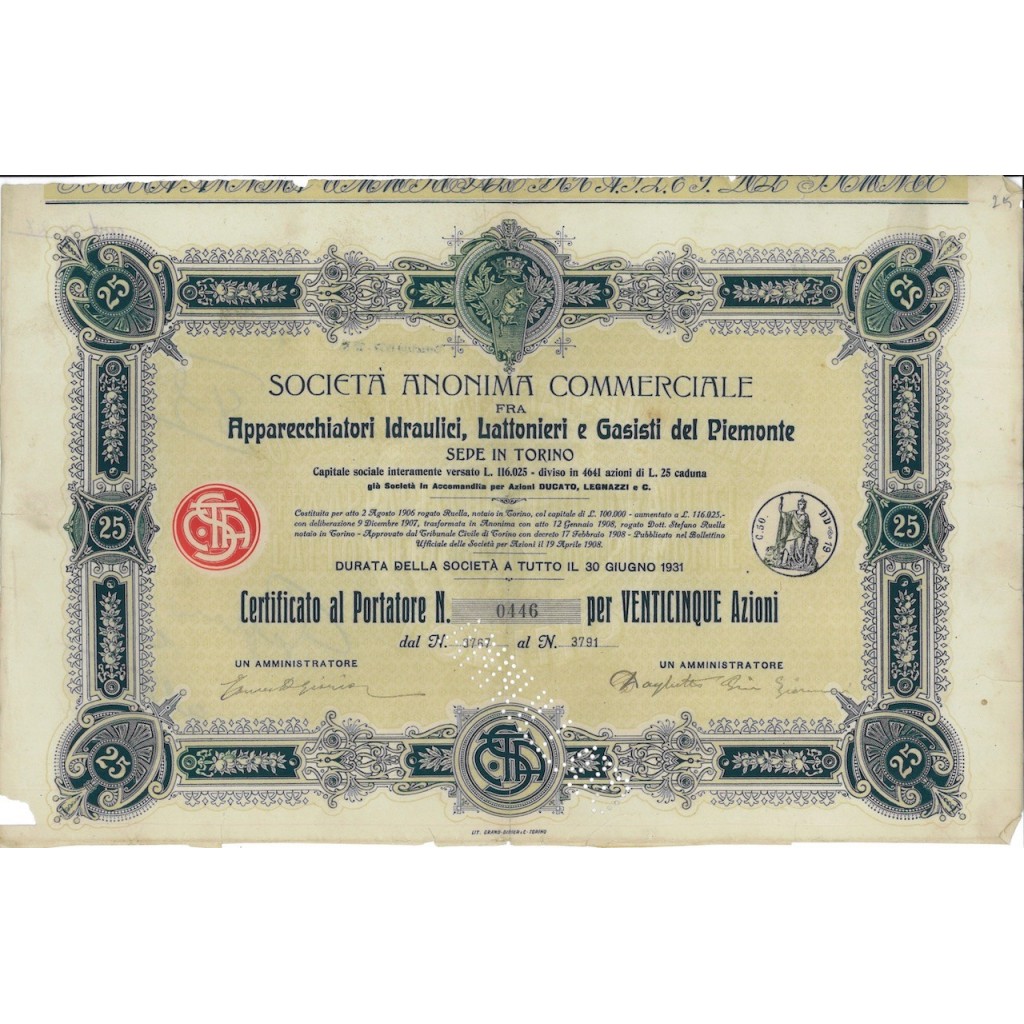 SOC.ANON. APPARECCHI IDRAULICI ...25 AZIONI TORINO 1906