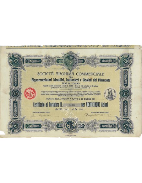 SOC.ANON. APPARECCHI IDRAULICI ...25 AZIONI TORINO 1906