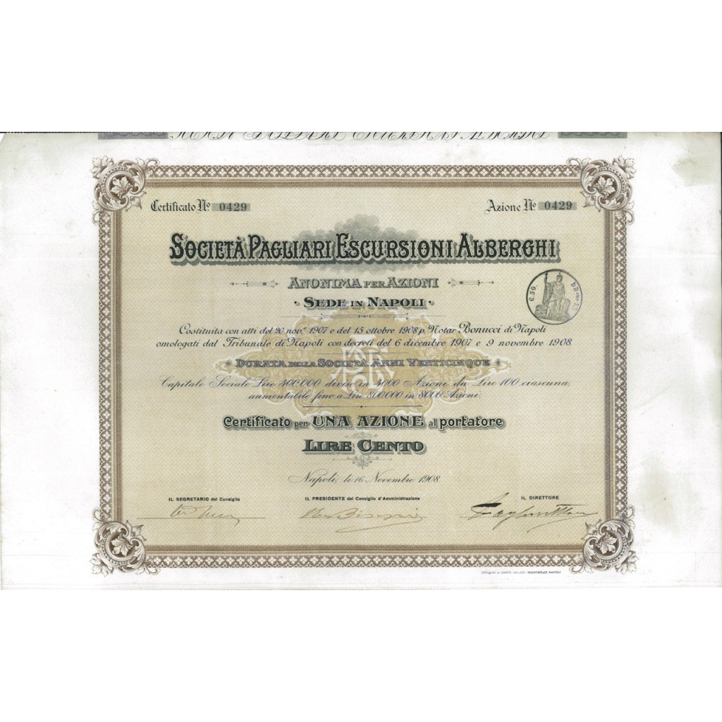 SOC. PAGLIARI ESCURSIONI ALBERGHI 1 AZIONE NAPOLI 1908