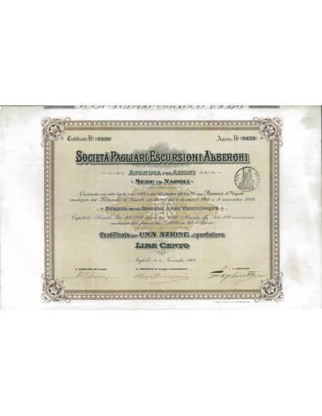 SOC. PAGLIARI ESCURSIONI ALBERGHI 1 AZIONE NAPOLI 1908