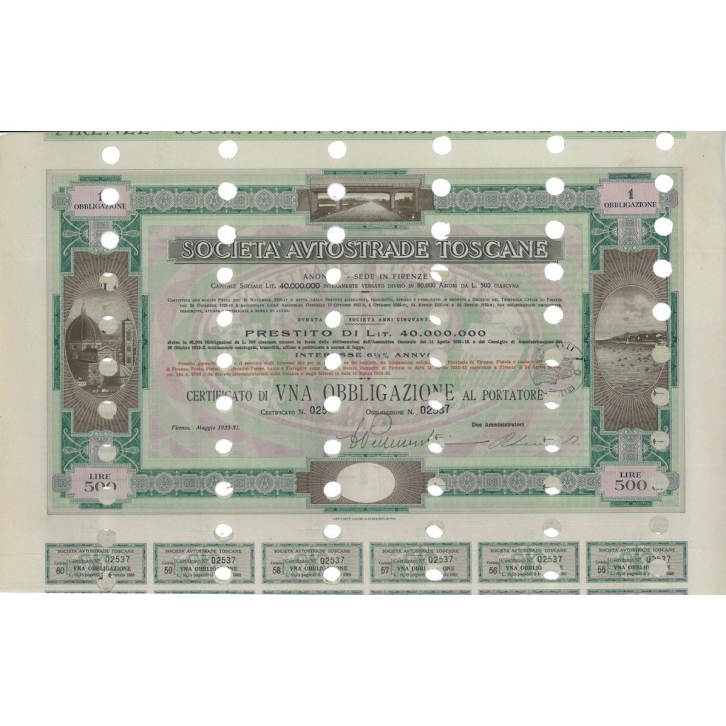 SOC. AUTOSTRADE TOSCANE - UNA OBBLIGAZ. FIRENZE 1933