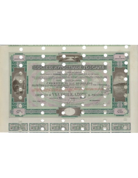 SOC. AUTOSTRADE TOSCANE - UNA OBBLIGAZ. FIRENZE 1933