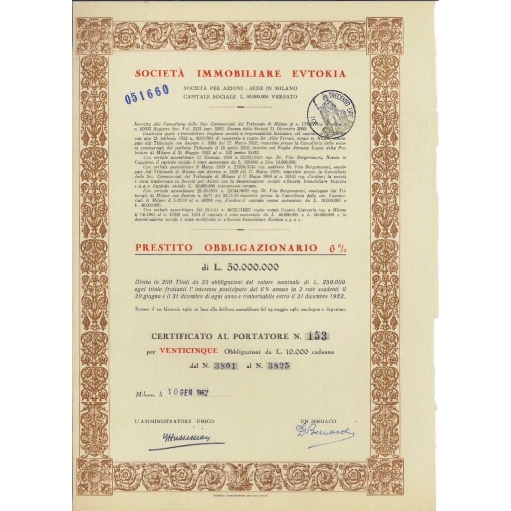 SOC. IMMOBILIARE EVTOKIA - 25 OBB. MILANO 1962