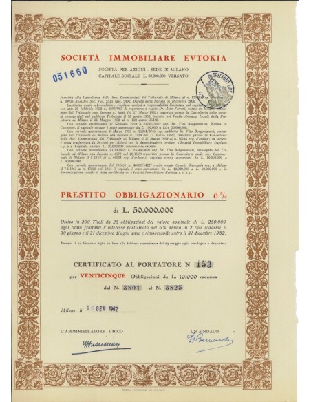 SOC. IMMOBILIARE EVTOKIA - 25 OBB. MILANO 1962