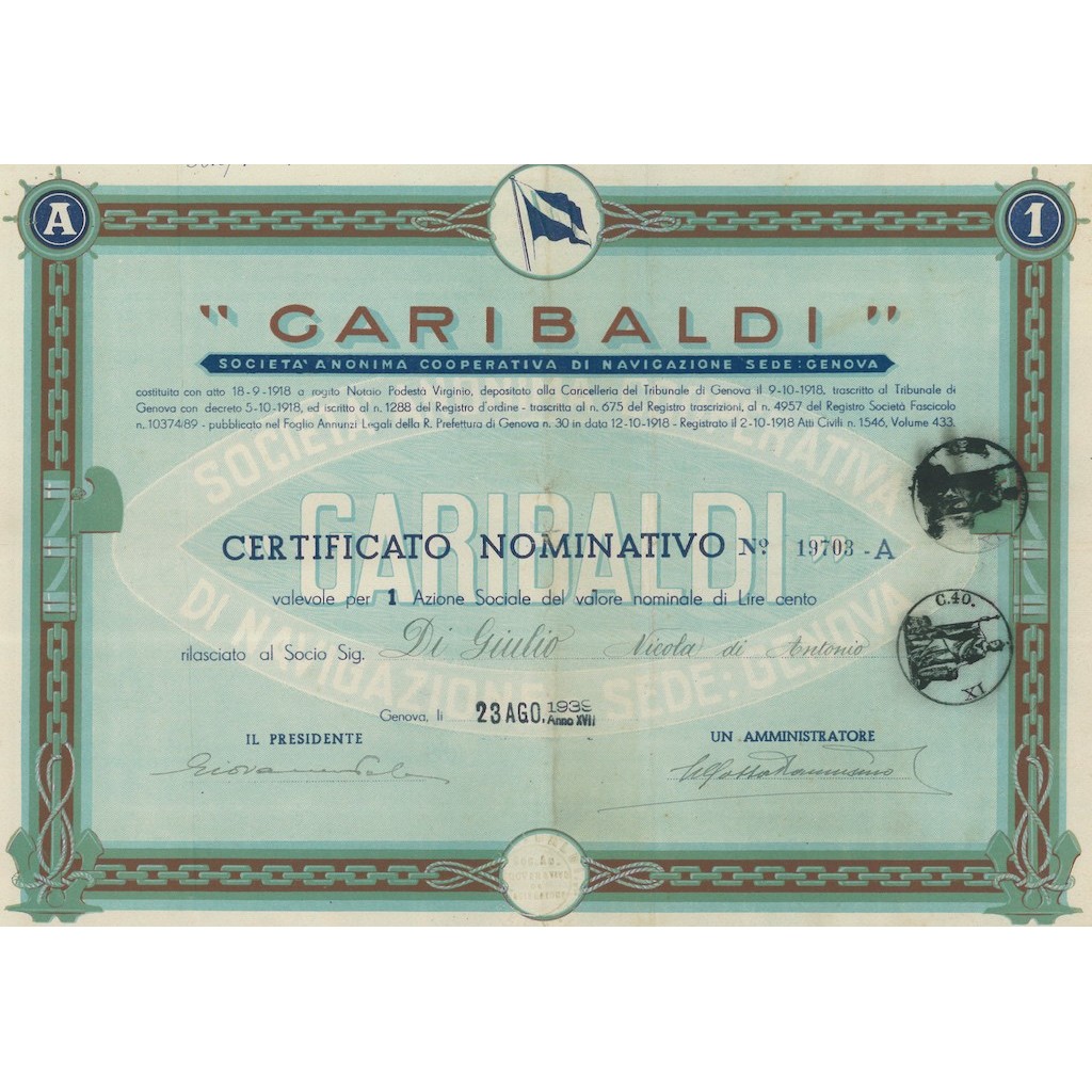 GARIBALDI SOC. ANON. COOP. DI NAVIGAZIONE 1 AZIONE GENOVA 1936