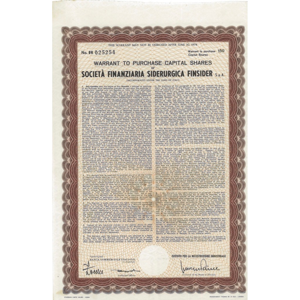 SOC. FIN. SIDERURGICA FINSIDER SPA - 150 WARRANT FOR STOCKS