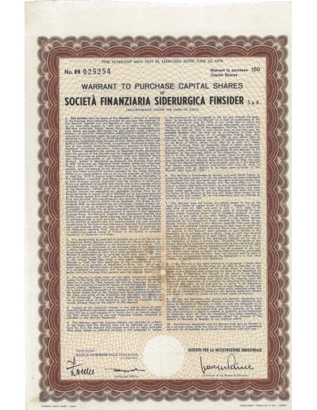 SOC. FIN. SIDERURGICA FINSIDER SPA - 150 WARRANT FOR STOCKS