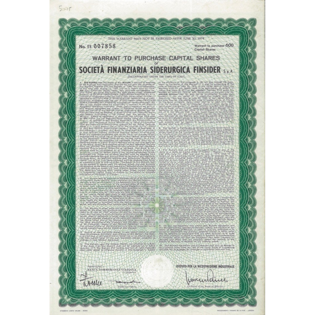 SOC. FIN. SIDERURGICA FINSIDER SPA - 600 WARRANT FOR STOCKS